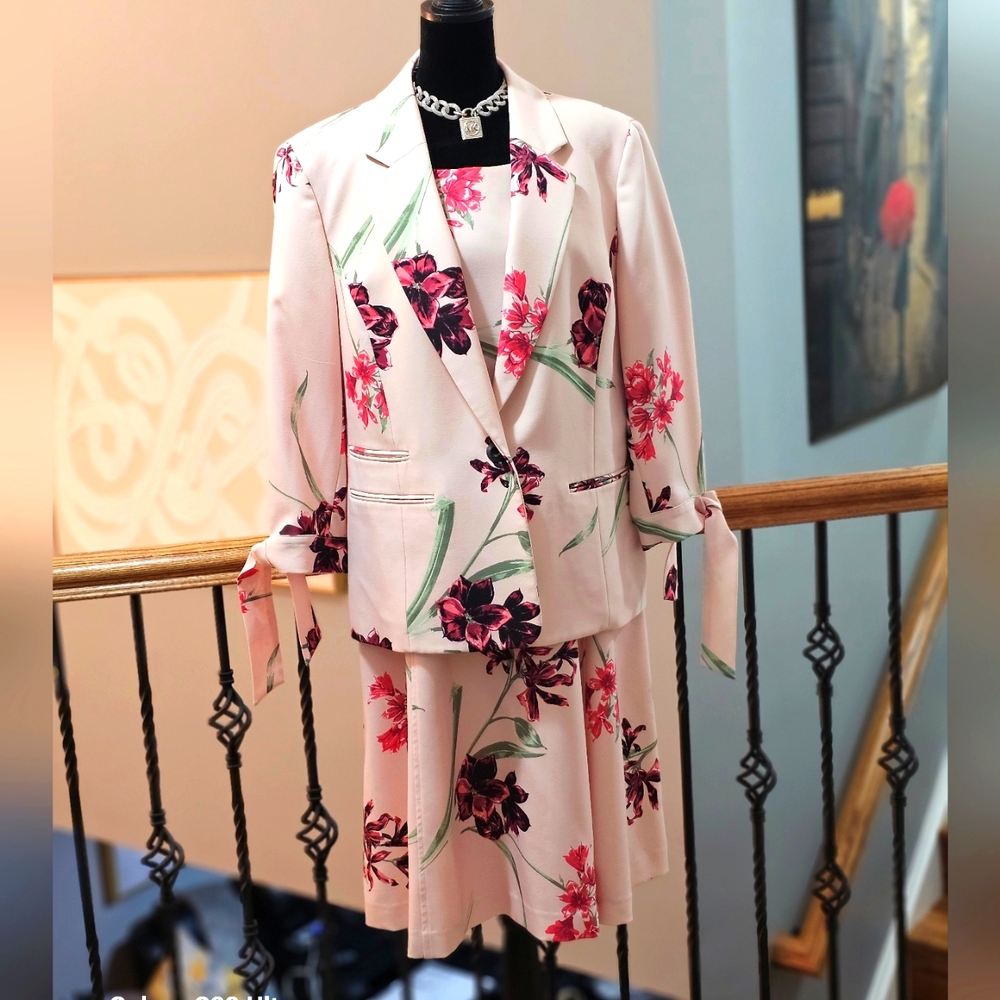 Nine West Purple Pink Floral Print Rosebud Blazer Jacket and Dress Set